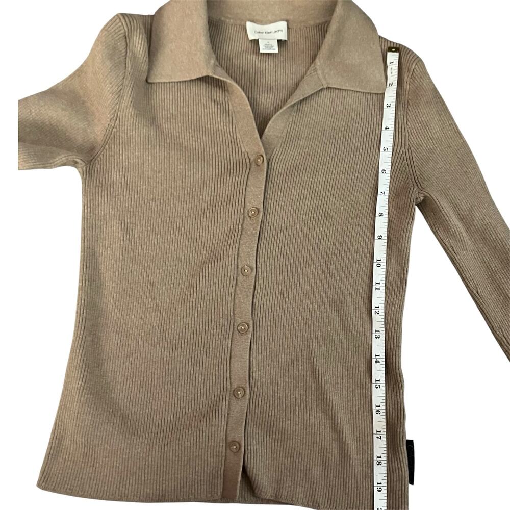 Calvin Klein Jeans Ribbed Button Cardigan Tan Cotton Collared Sweater M